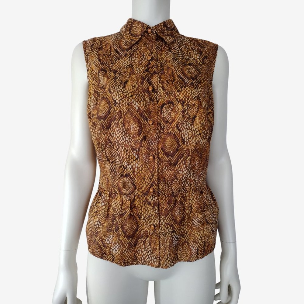 Jones New York Brown Snake Print Sleeveless Button Down Collared Blouse
